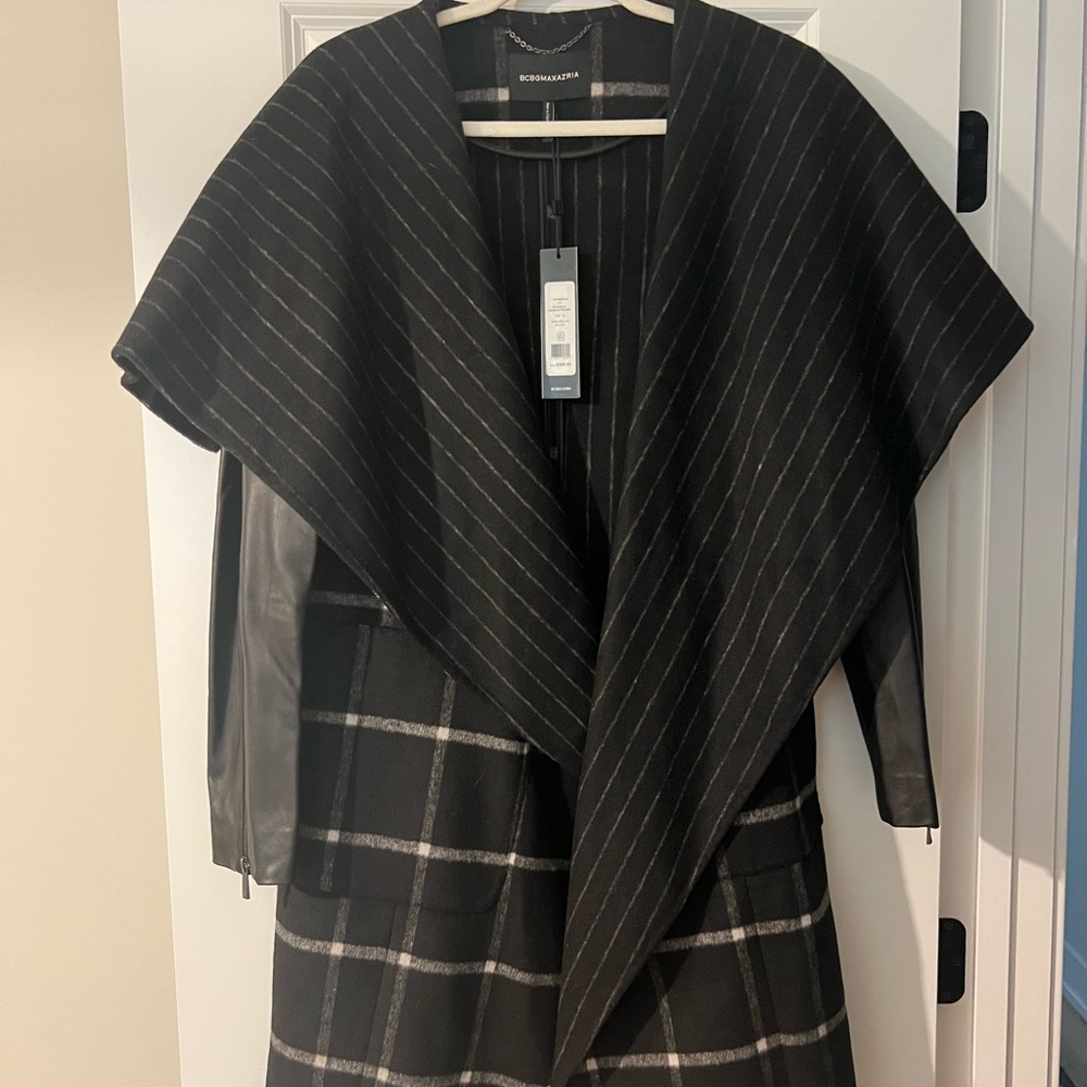 NWT BCBGMaxAzria Black and Gray Striped Coat with Leather Accents